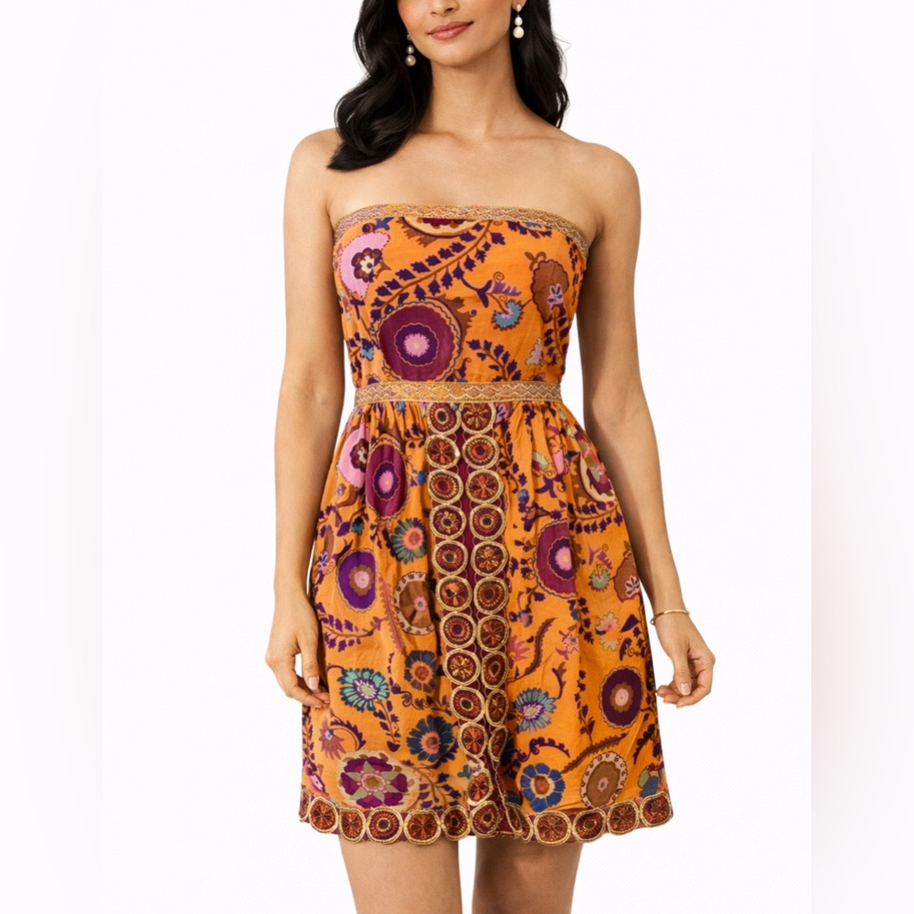 Cynthia Steffe Dress Orange Pink Gold 8 Embroidered Cotton Bali Party Event